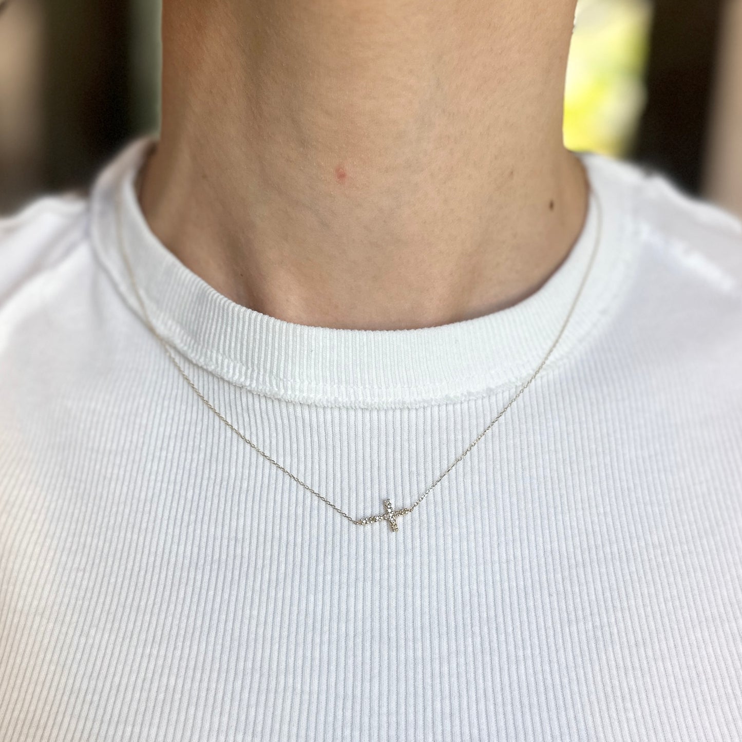 14KT Yellow Gold Diamond Small Sideways Cross Necklace