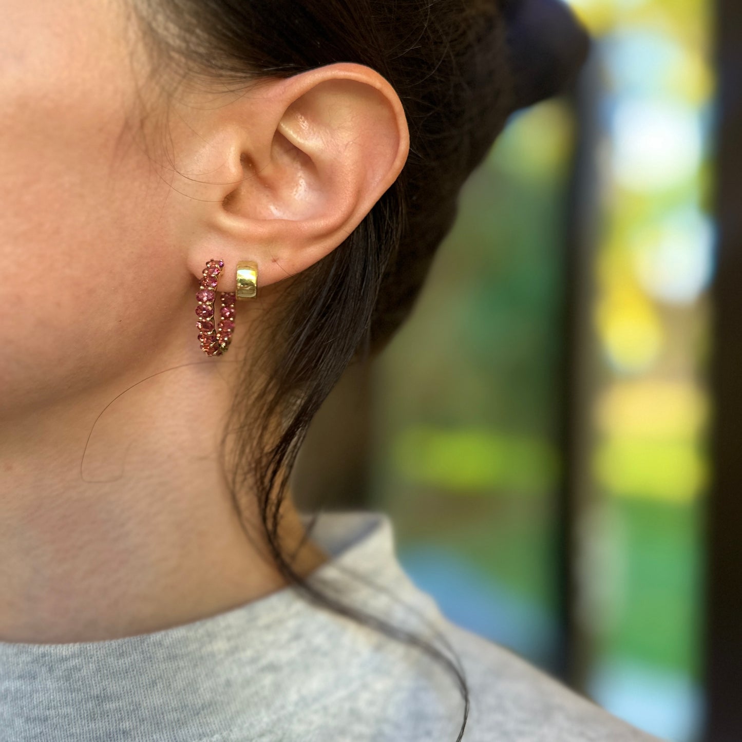 18KT Yellow Gold Oval Pink Tourmaline Inside/ Out Hoop Earrings