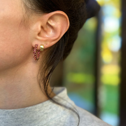 18KT Yellow Gold Oval Pink Tourmaline Inside/ Out Hoop Earrings