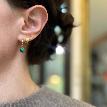 14KT Yellow Gold Oval Green Malachite C-Shape Round Hoop Earrings