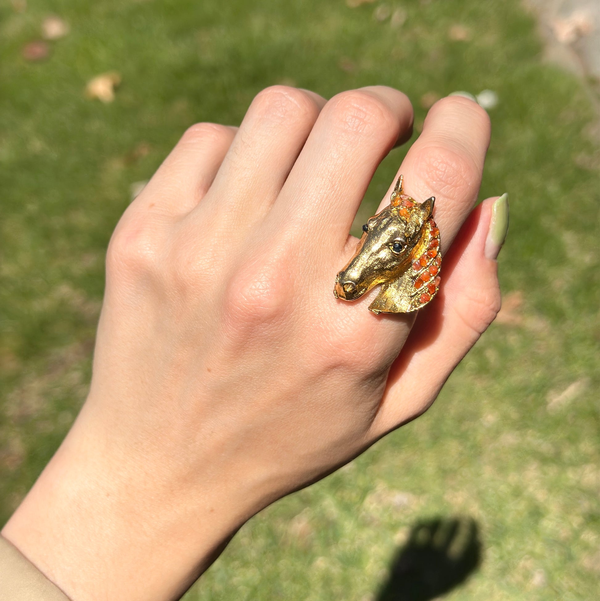 Estate 18KT Yellow Gold-Plated Onyx + Carnelian Horse Ring - LSJ
