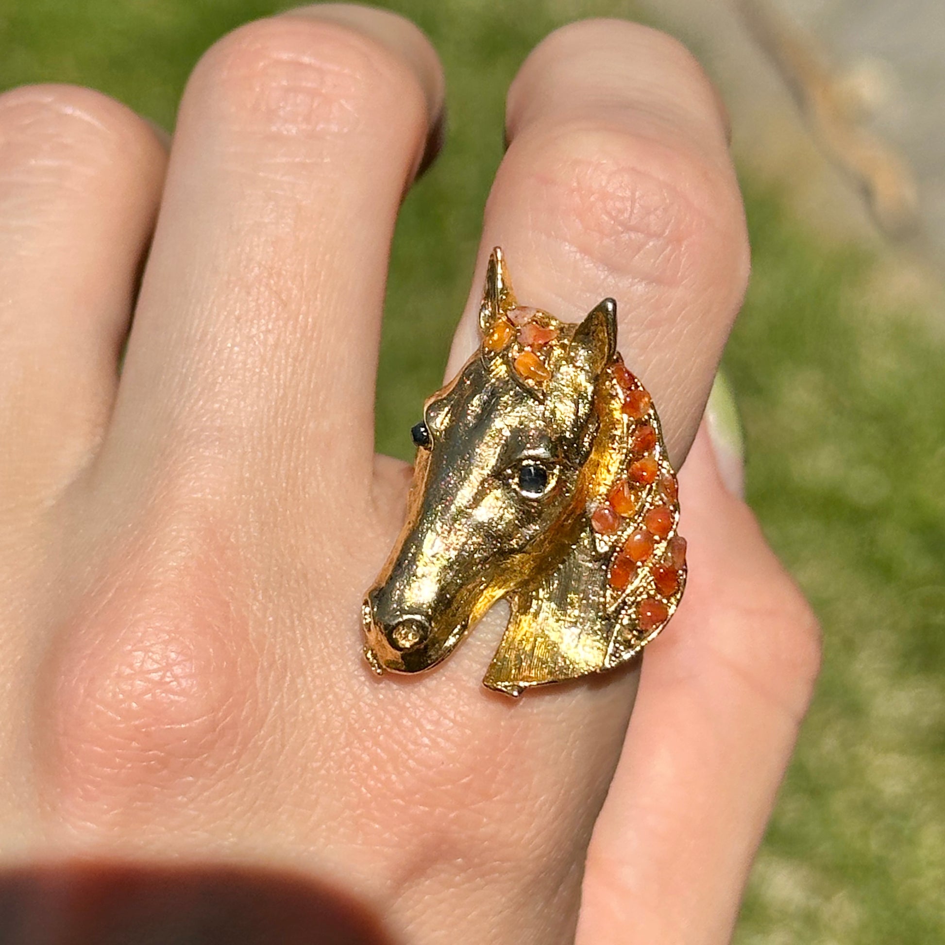Estate 18KT Yellow Gold-Plated Onyx + Carnelian Horse Ring - LSJ