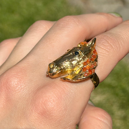Estate 18KT Yellow Gold-Plated Onyx + Carnelian Horse Ring - LSJ