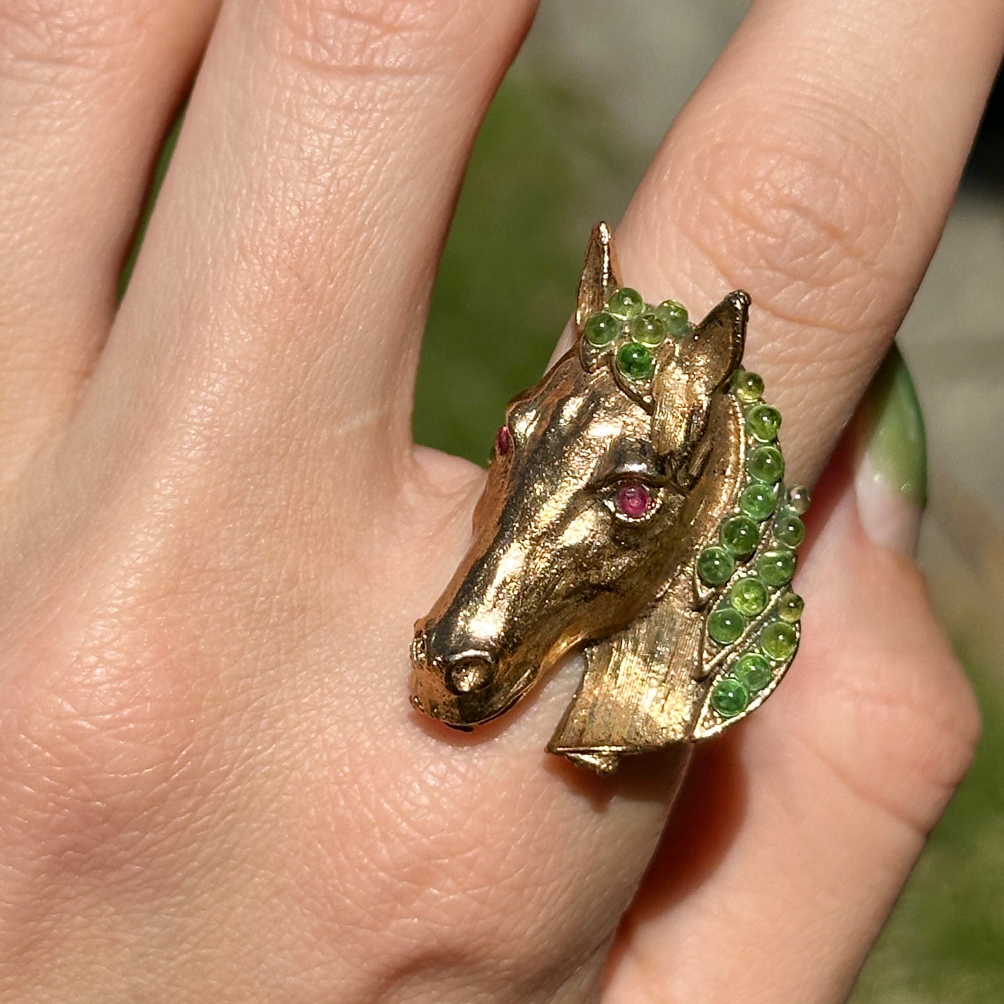 Estate 18KT Yellow Gold-Plated Peridot + Ruby Horse Ring - LSJ