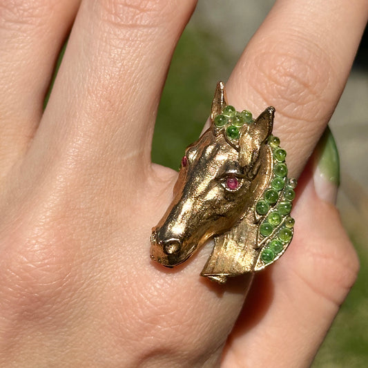 Estate 18KT Yellow Gold-Plated Peridot + Ruby Horse Ring