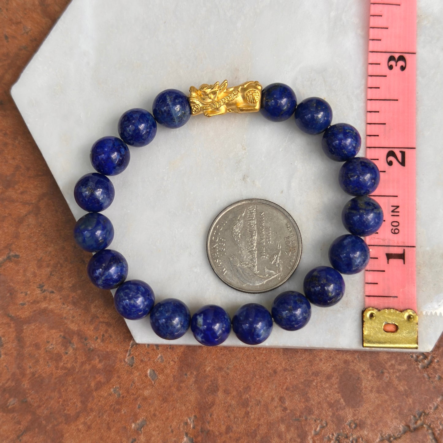 24KT Yellow Gold Dragon + Blue Lapis Lazuli Beaded Ball Bangle Bracelet