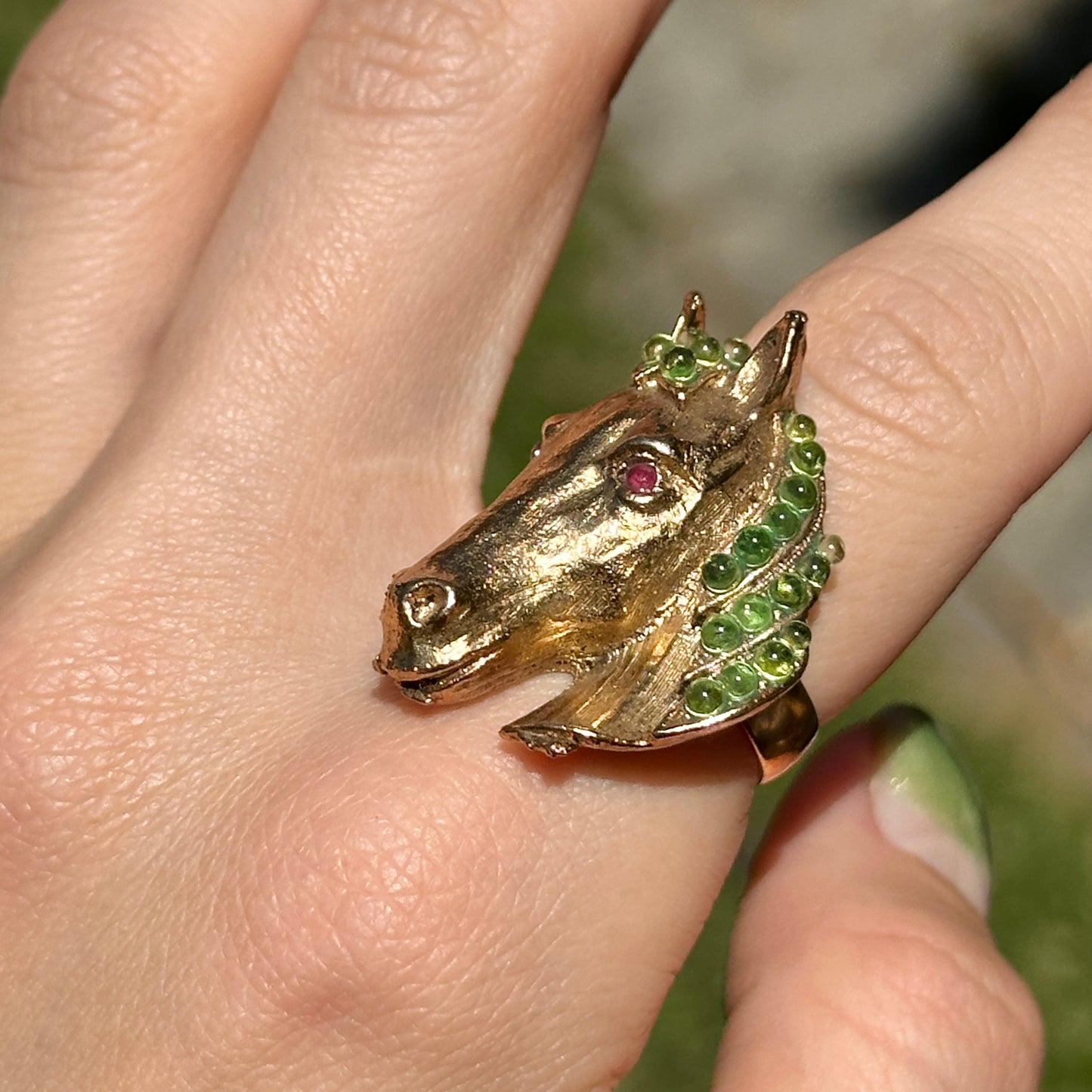 Estate 18KT Yellow Gold-Plated Peridot + Ruby Horse Ring - LSJ