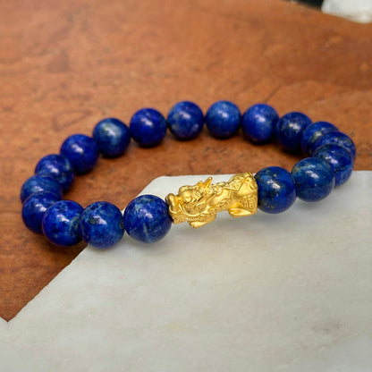 24KT Yellow Gold Dragon + Blue Lapis Lazuli Beaded Ball Bangle Bracelet