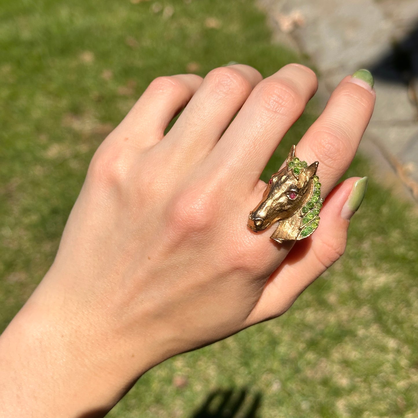 Estate 18KT Yellow Gold-Plated Peridot + Ruby Horse Ring - LSJ