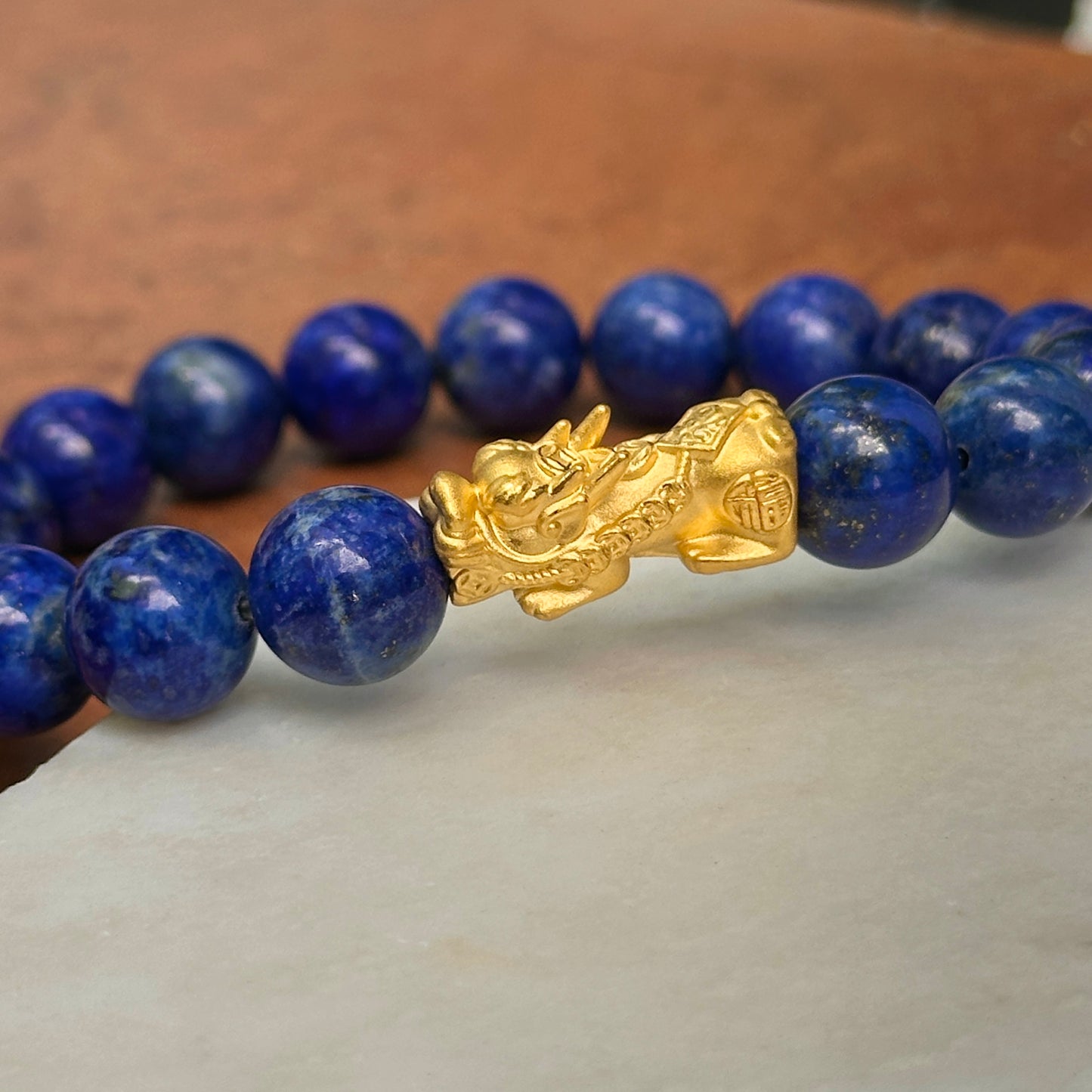 24KT Yellow Gold Dragon + Blue Lapis Lazuli Beaded Ball Bangle Bracelet