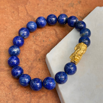 24KT Yellow Gold Dragon + Blue Lapis Lazuli Beaded Ball Bangle Bracelet