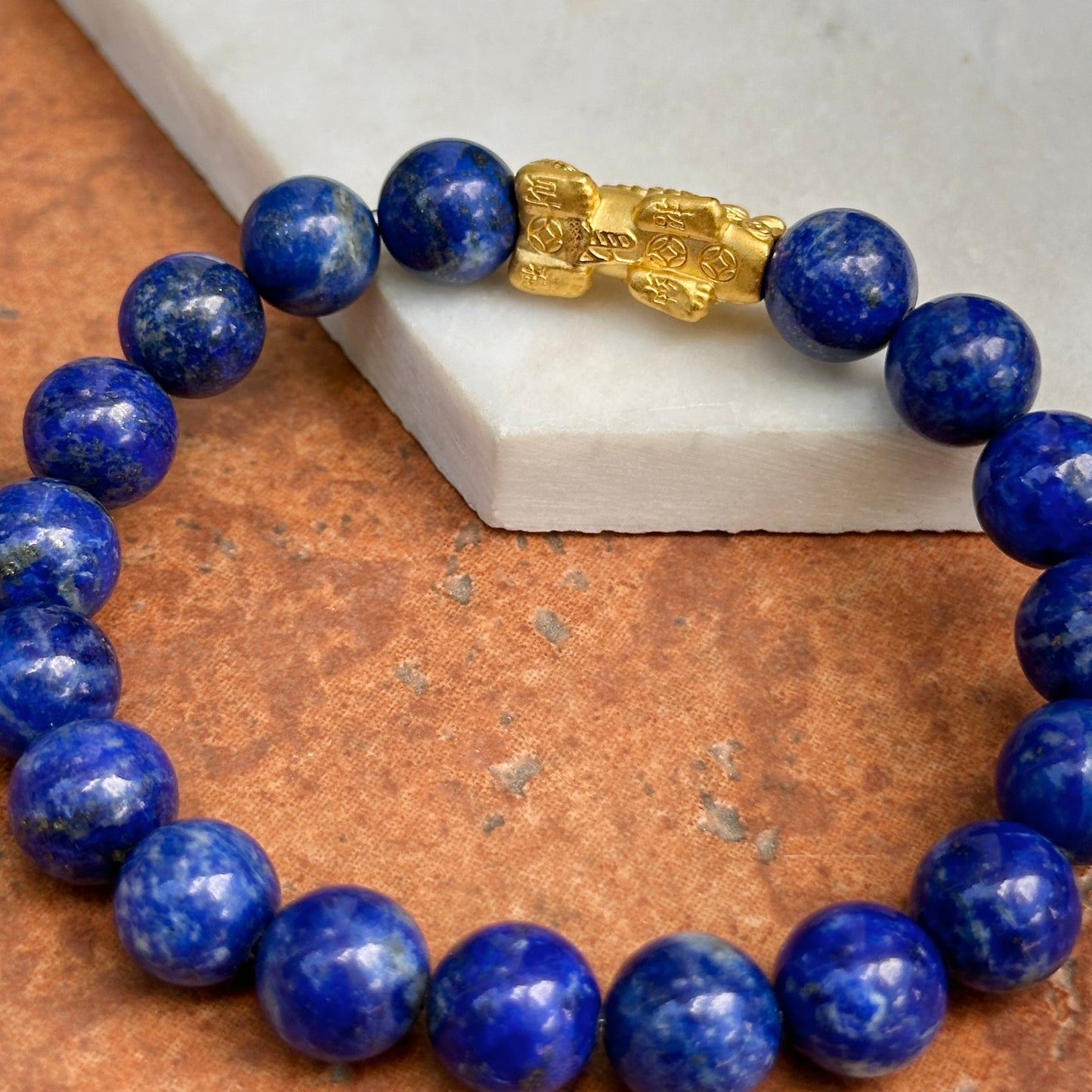 24KT Yellow Gold Dragon + Blue Lapis Lazuli Beaded Ball Bangle Bracelet