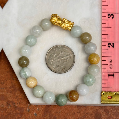 24KT Yellow Gold Dragon + Pale Green Multi-Color Jade Beaded Ball Bangle Bracelet