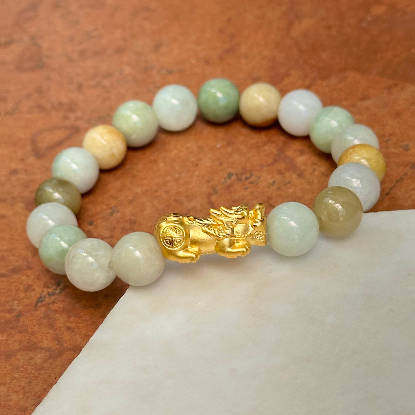 24KT Yellow Gold Dragon + Pale Green Multi-Color Jade Beaded Ball Bangle Bracelet