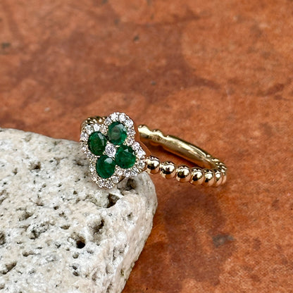 Estate 14KT Yellow Gold Green Emerald + Round Diamond Beaded Clover Ring
