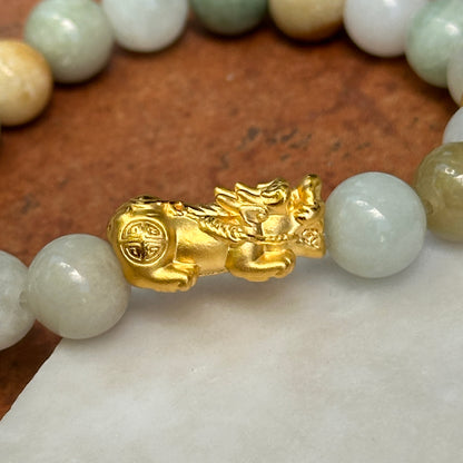 24KT Yellow Gold Dragon + Pale Green Multi-Color Jade Beaded Ball Bangle Bracelet