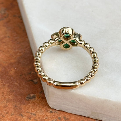Estate 14KT Yellow Gold Green Emerald + Round Diamond Beaded Clover Ring