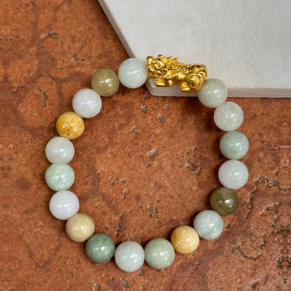 24KT Yellow Gold Dragon + Pale Green Multi-Color Jade Beaded Ball Bangle Bracelet