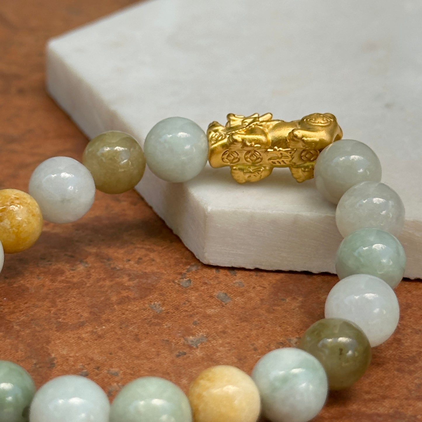 24KT Yellow Gold Dragon + Pale Green Multi-Color Jade Beaded Ball Bangle Bracelet