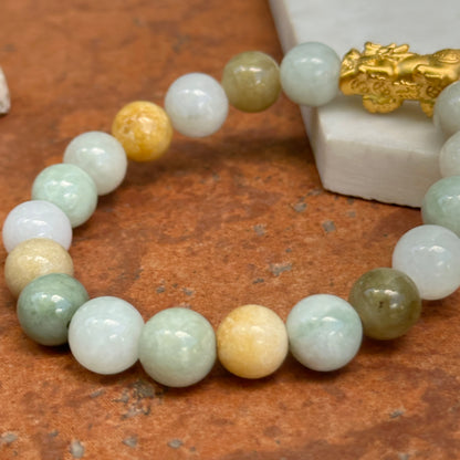 24KT Yellow Gold Dragon + Pale Green Multi-Color Jade Beaded Ball Bangle Bracelet