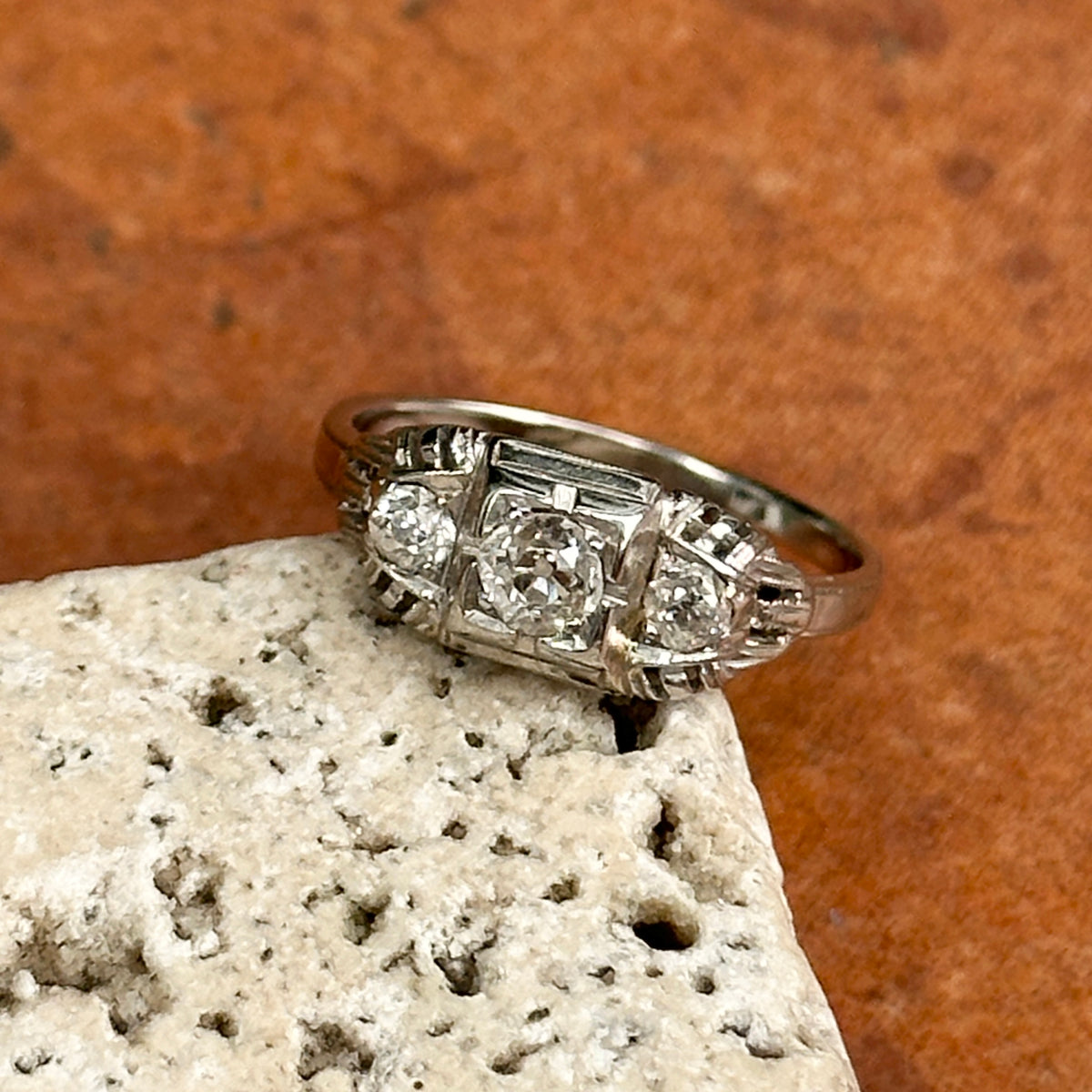 Estate 18KT White Gold Old Mine Diamond Filigree Ring