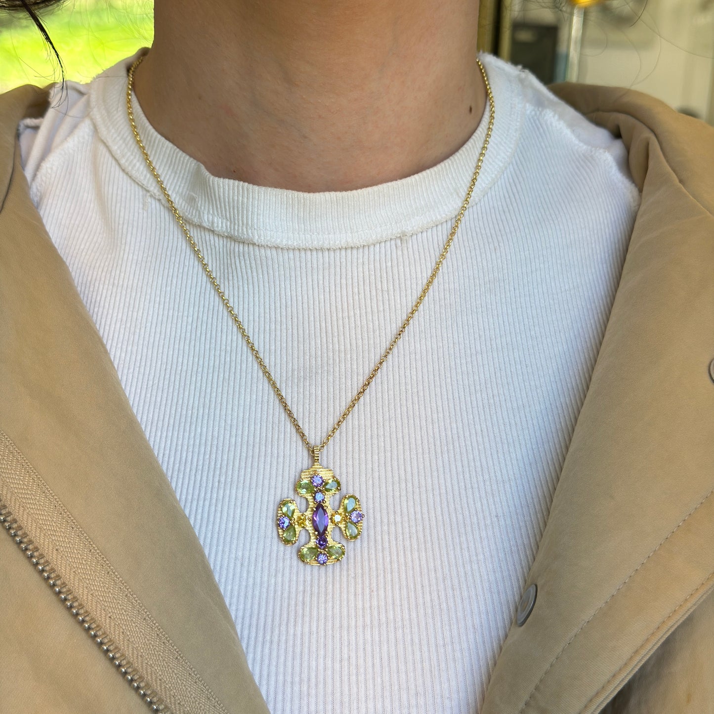 Estate Gold-Plated Gemstone Maltese Byzantine Cross Necklace - LSJ