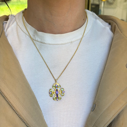Estate Gold-Plated Gemstone Maltese Byzantine Cross Necklace - LSJ