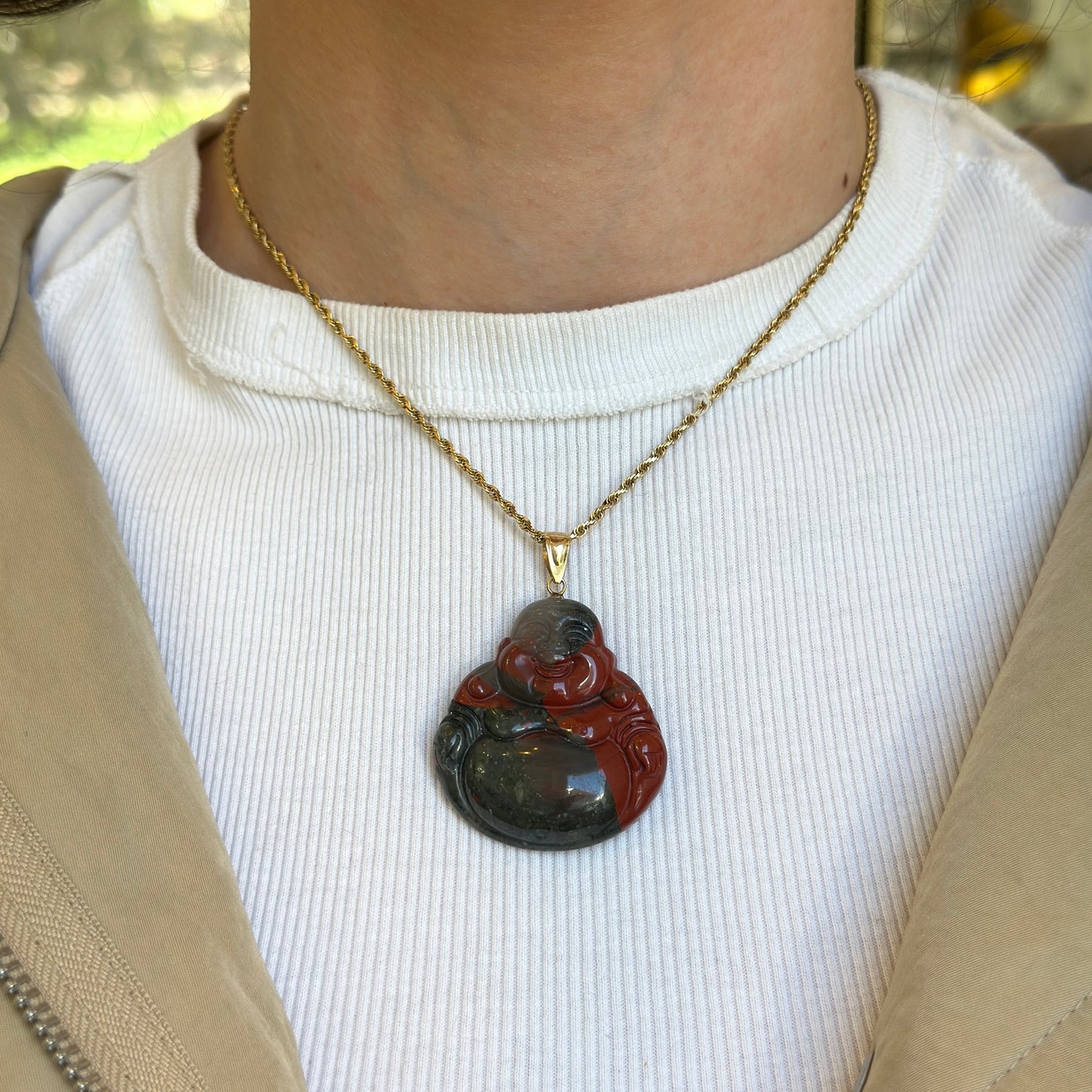 14KT Yellow Gold Carved Genuine Bloodstone Buddha Pendant 40mm - LSJ
