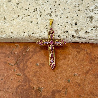 Estate 18KT Yellow Gold Sapphire + Ruby Marquise Cross Pendant