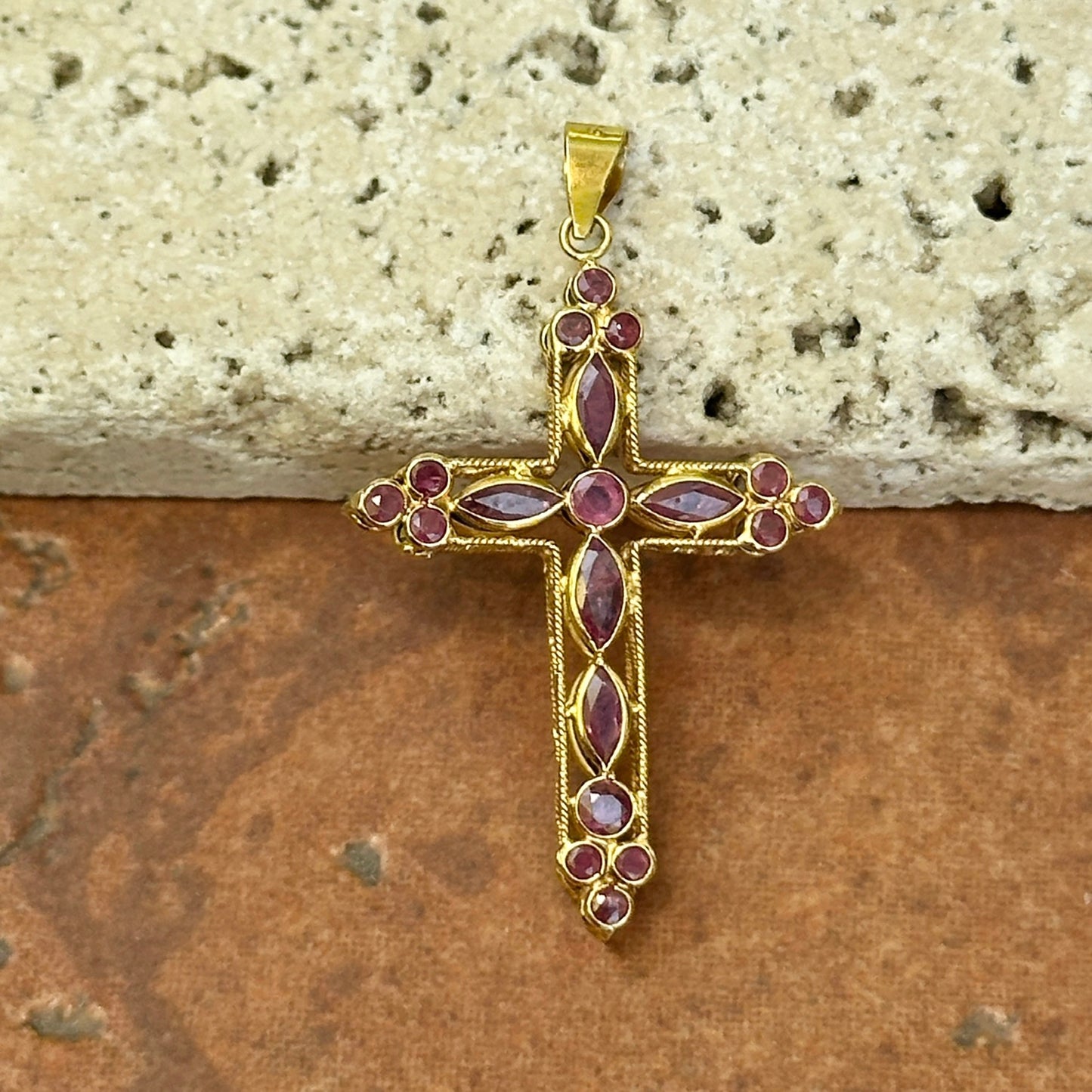 Estate 18KT Yellow Gold Sapphire + Ruby Marquise Cross Pendant