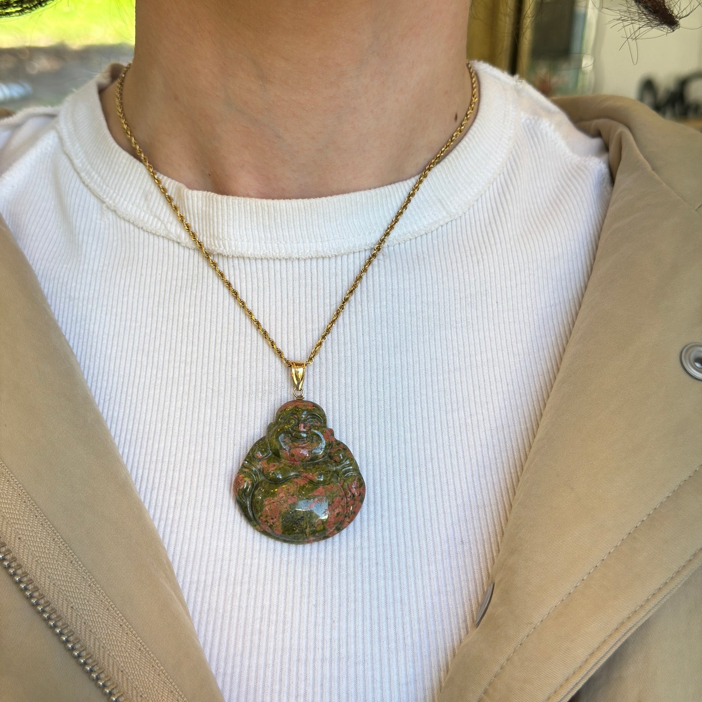 14KT Yellow Gold Carved Genuine Unakite Agate Buddha Pendant 40mm - LSJ