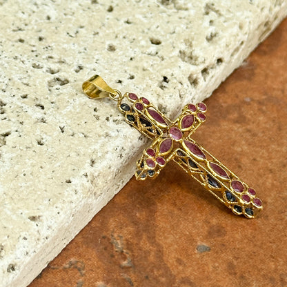 Estate 18KT Yellow Gold Sapphire + Ruby Marquise Cross Pendant