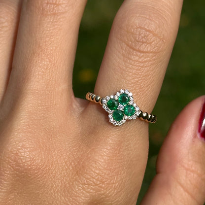 Estate 14KT Yellow Gold Green Emerald + Round Diamond Beaded Clover Ring