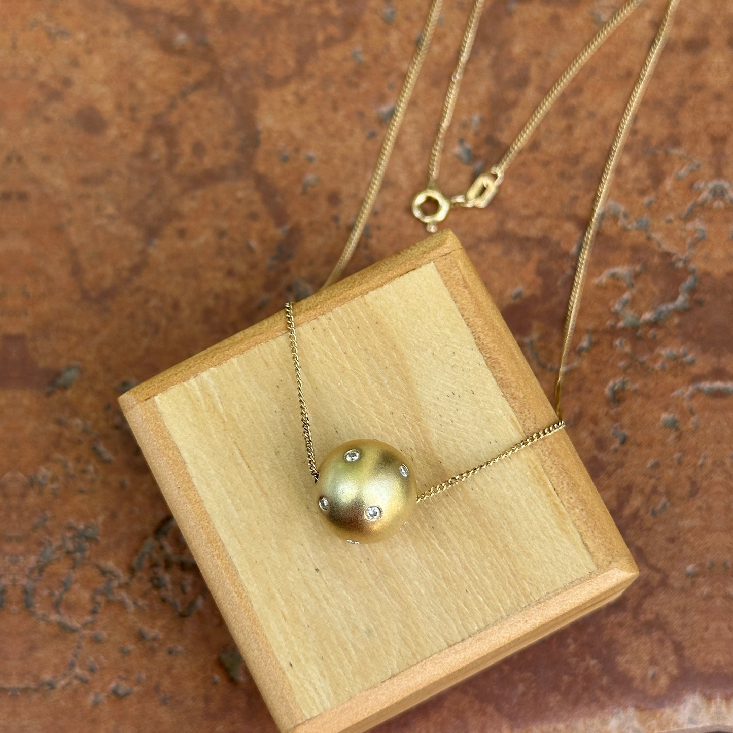 Estate 14KT Yellow Gold Matte Gypsy-Set Diamond Ball Pendant Necklace