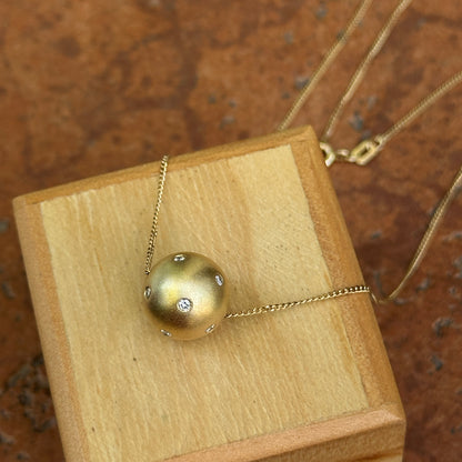 Estate 14KT Yellow Gold Matte Gypsy-Set Diamond Ball Pendant Necklace