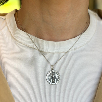 Sterling Silver Antiqued Round Miraculous Medal Pendant 22mm - LSJ