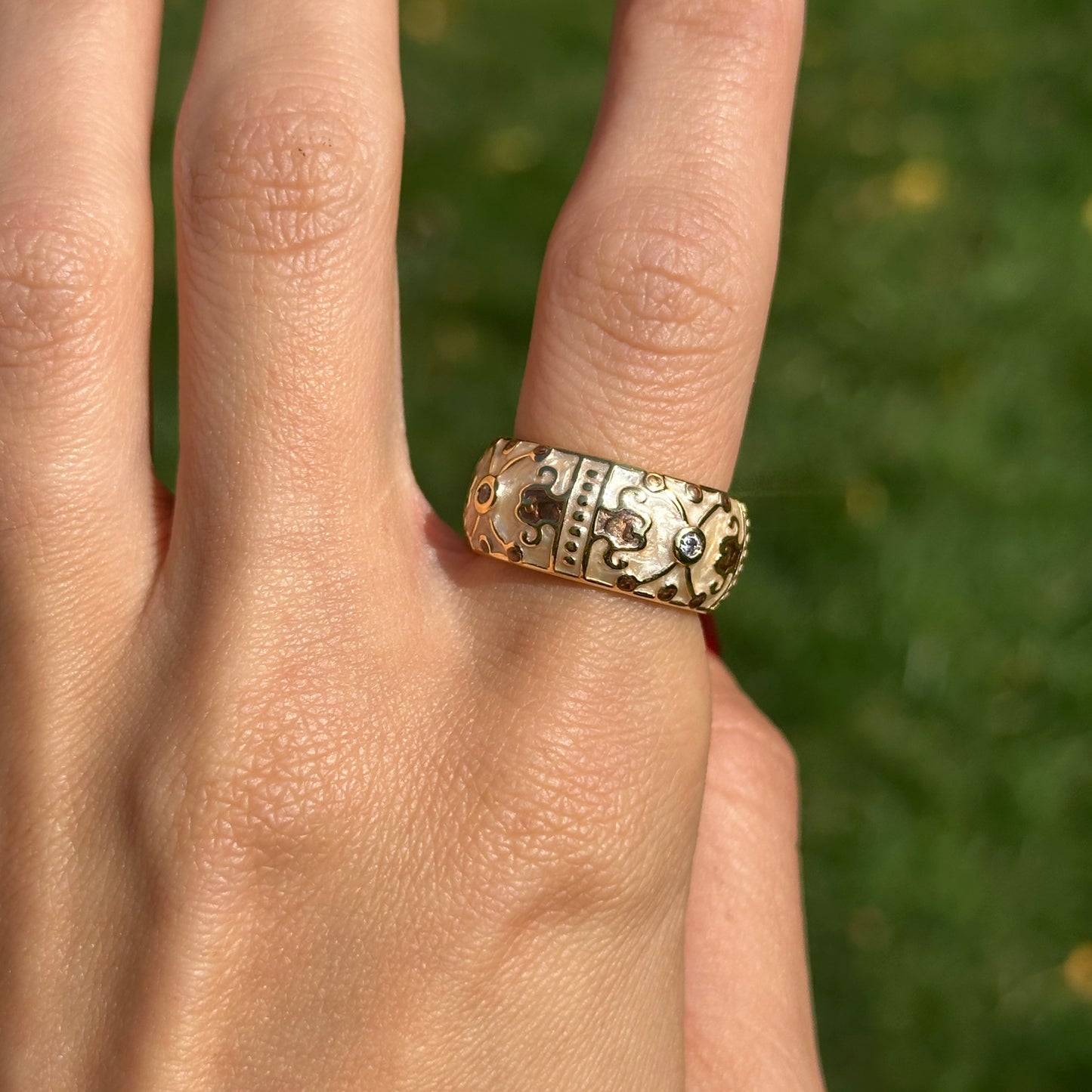 18K Yellow Gold-Plated Brass Round CZ + Cream Enamel Horse Ring