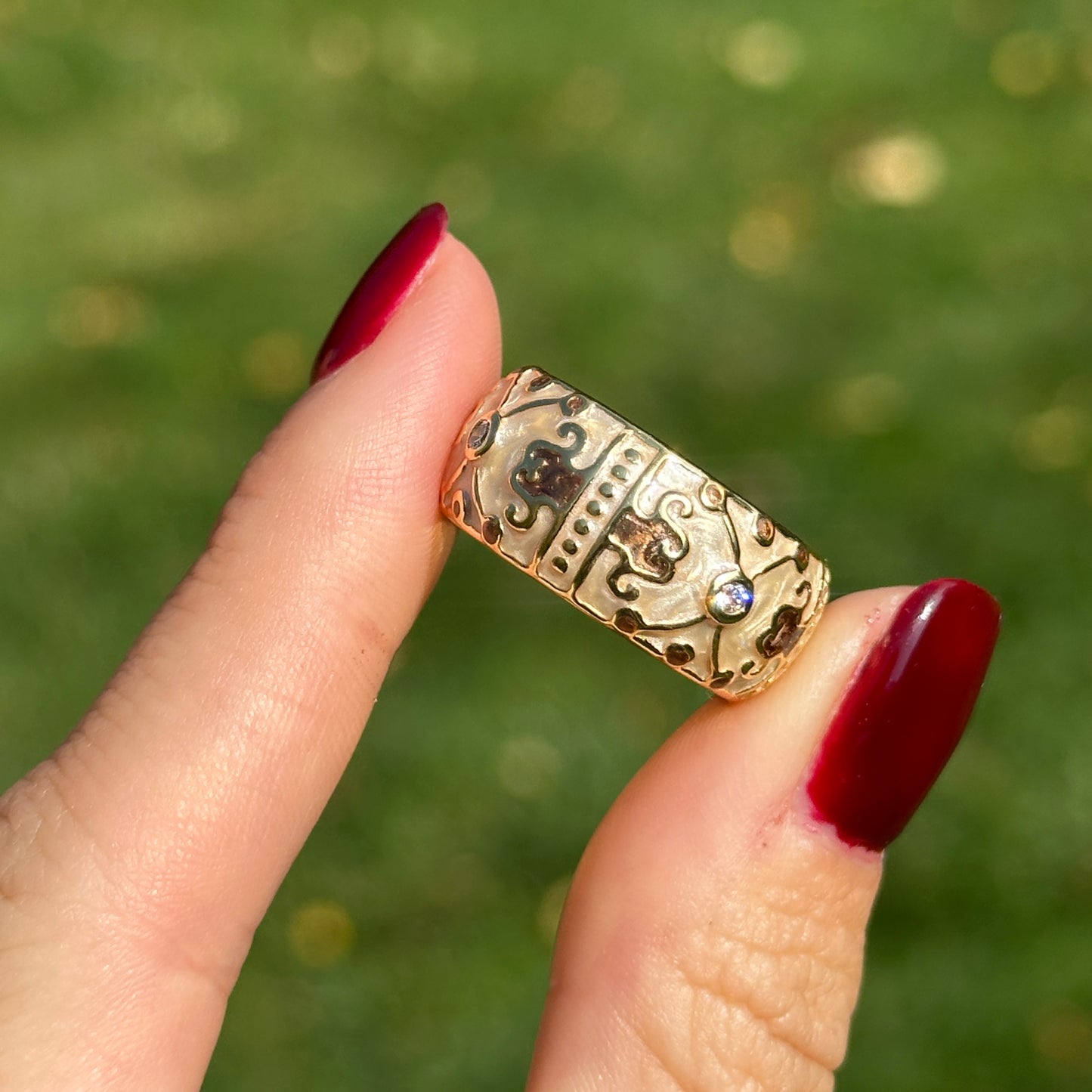 18K Yellow Gold-Plated Brass Round CZ + Cream Enamel Horse Ring