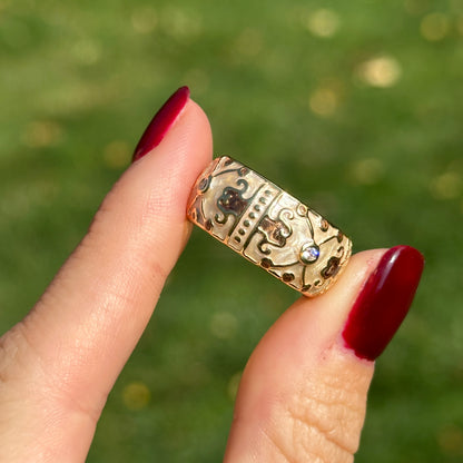 18K Yellow Gold-Plated Brass Round CZ + Cream Enamel Horse Ring