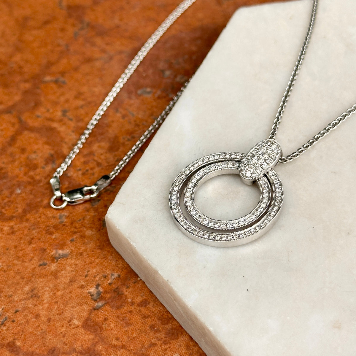 Estate 14KT White Gold Double Circle Diamond Necklace