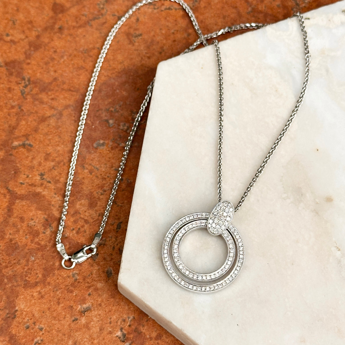 Estate 14KT White Gold Double Circle Diamond Necklace
