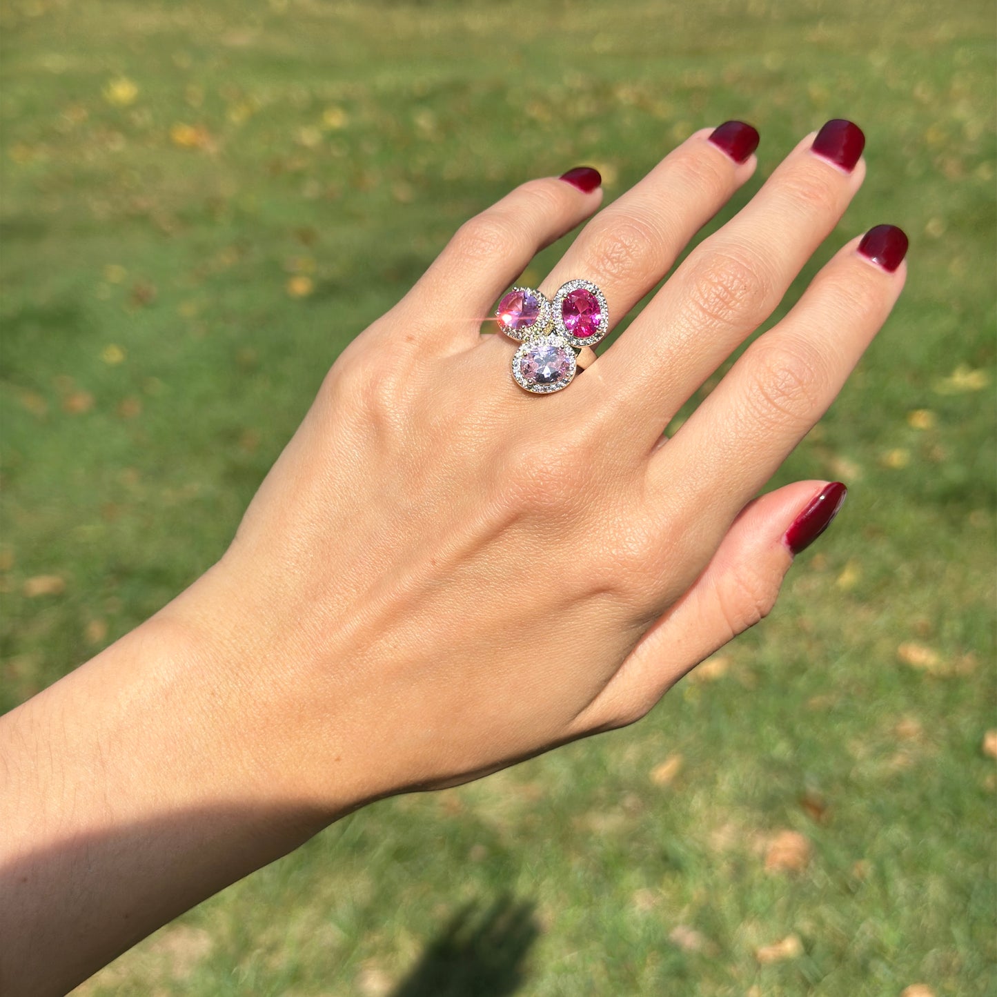 Silver-Plated Oval Pink Gemstones + Cubic Zirconia Cluster Ring