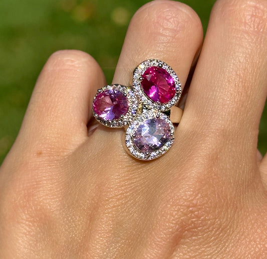 Silver-Plated Oval Pink Gemstones + Cubic Zirconia Cluster Ring