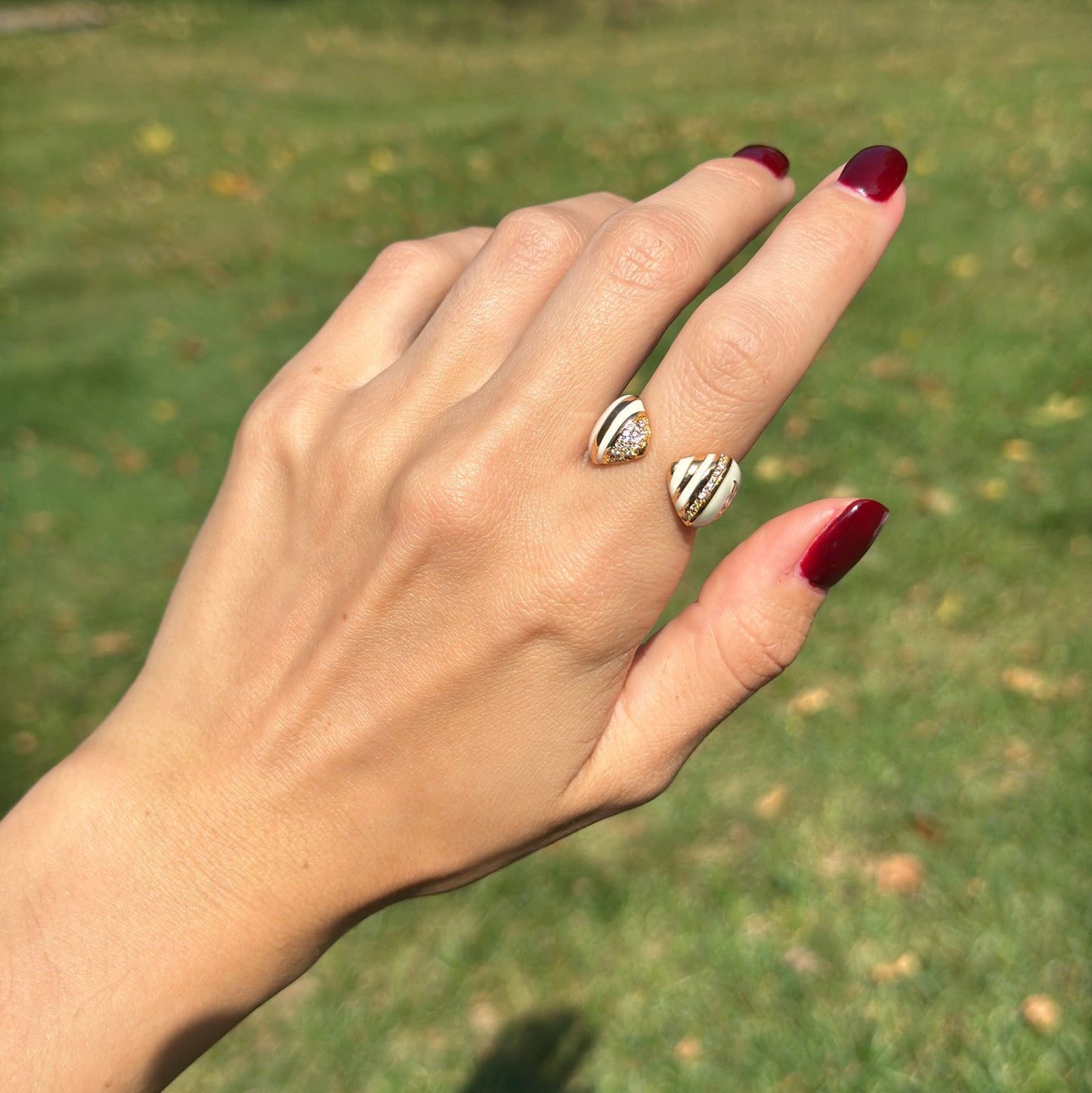 18K Yellow Gold-Plated Brass Round CZ Cream Enamel Lauren G. Adams Ring