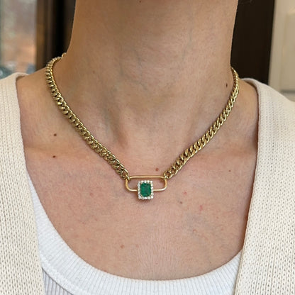 Estate 14KT Yellow Gold Emerald-Cut Emerald + Diamond Curb Chain Necklace