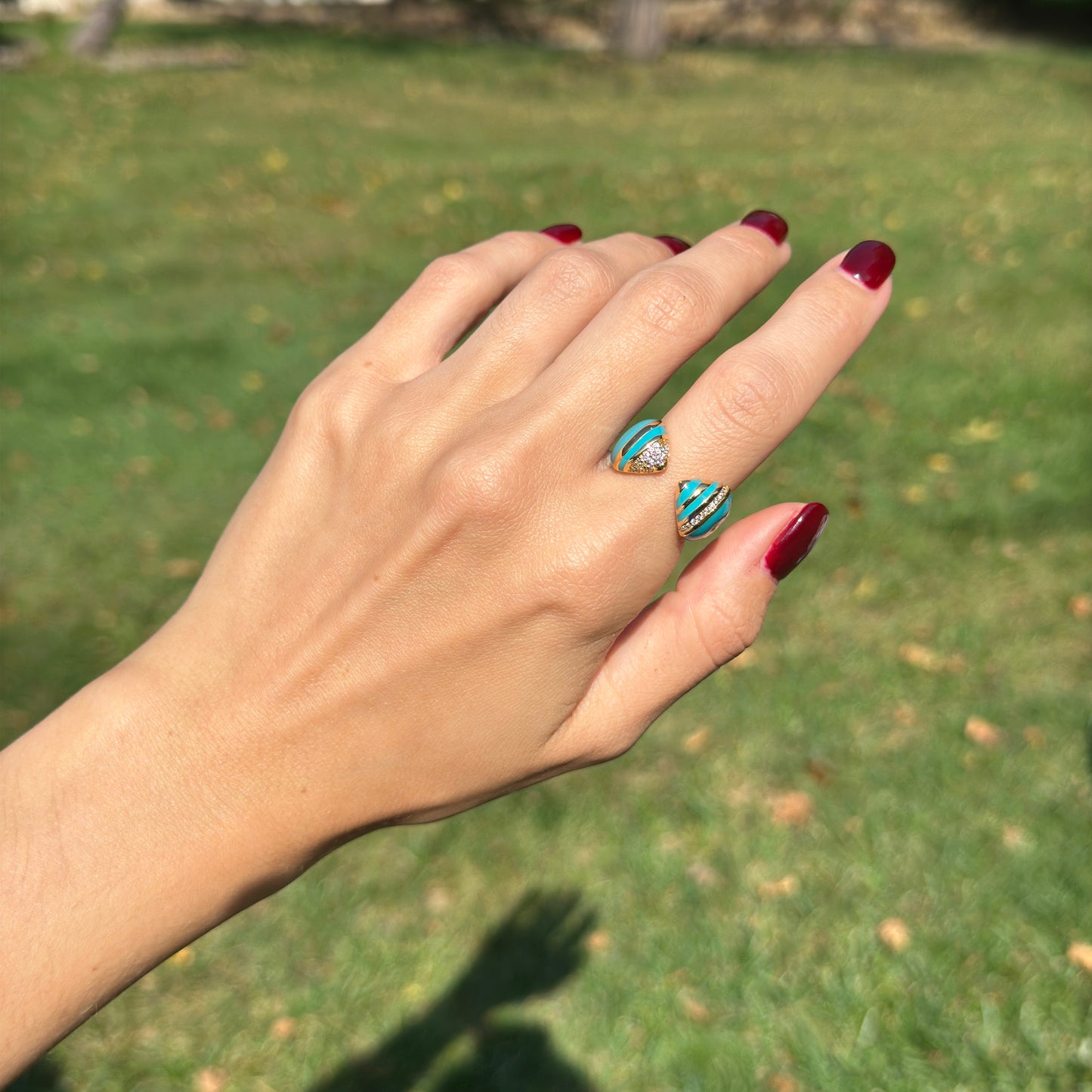 18K Yellow Gold-Plated Brass Round Cubic Zirconia Turquoise Blue Enamel Ring 7