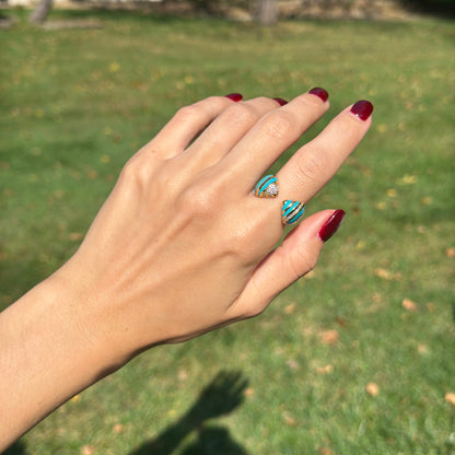 18K Yellow Gold-Plated Brass Round Cubic Zirconia Turquoise Blue Enamel Ring 7