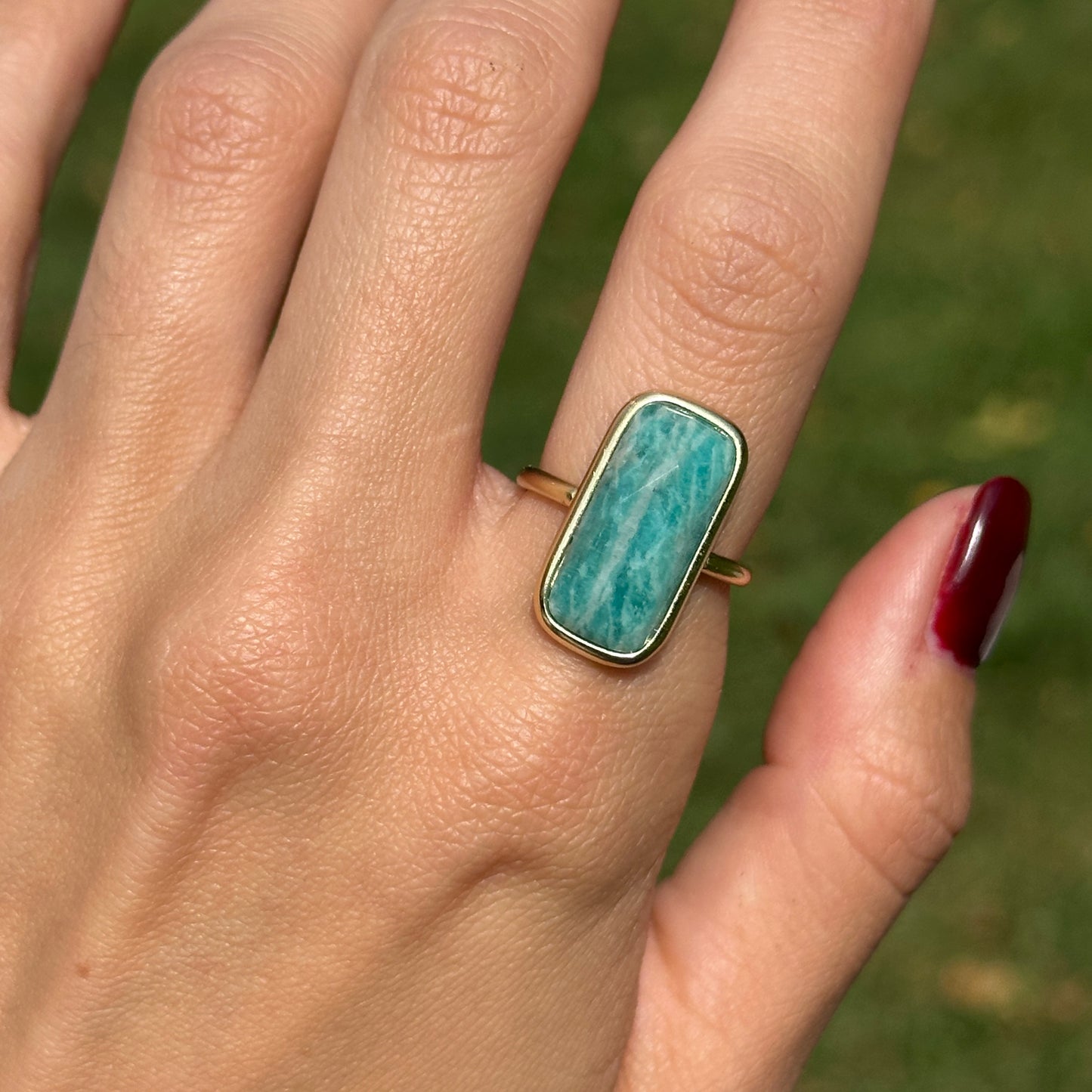 Sterling Silver Yellow Gold-Plated Rectangle Amazonite Bezel Matte Ring 7/25