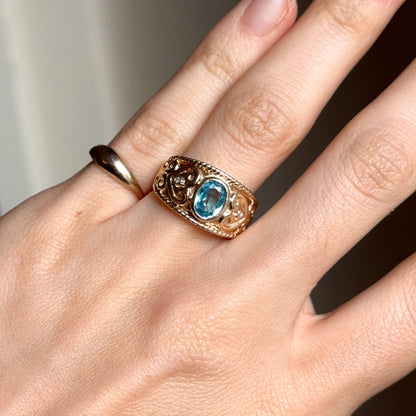 Estate 14KT Yellow Gold Byzantine Oval Blue Topaz Wide Band Ring