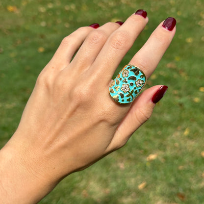 18K Yellow Gold-Plated Brass Floral Round CZ + Turquoise Enamel Saddle Ring